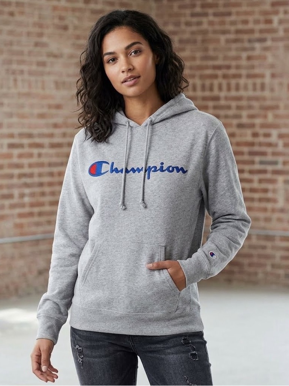 Champion | Logo Jersey Hoodie Pullover Sweatshirt Cotton Blend in Grey Size XL